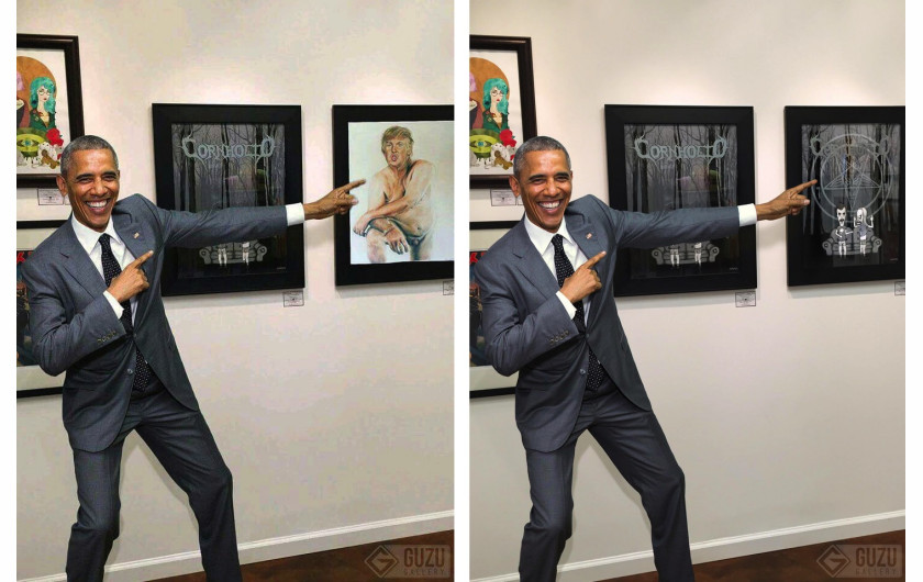 W obu przypadkach patrzymy na udany montaż. Obraz na który wskazuje prezydent Obama został wklejony w Photoshopie.