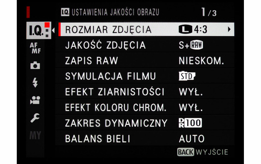 Menu główne aparatu Fujifilm GFX 50S