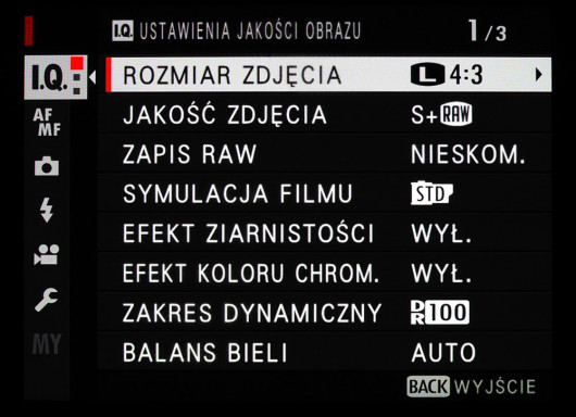 Menu główne aparatu Fujifilm GFX 50S