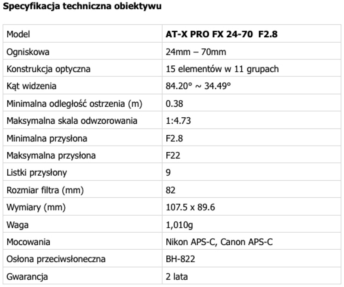 Specyfikacja obiektywu Tokina AT-X 24-70mm f/2.8 PRO FX