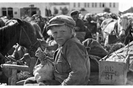 Targ w Nieświeżu. Chłopiec białoruski pilnujący wozu rodziców, 1934 – NAC.