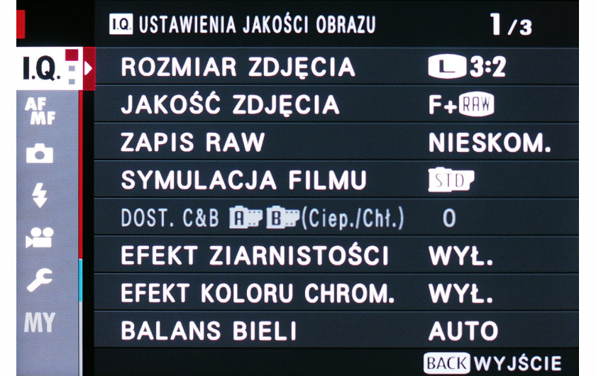 Menu główne aparatu Fujifilm X-T3