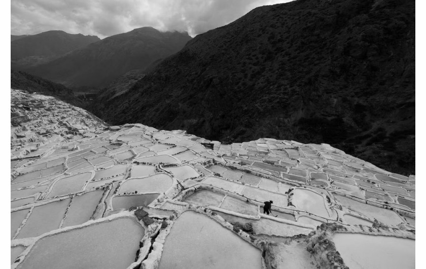 fot. An Li  / Pictures of the Year National Geographic
W Kopalniach Soli w Maras w Peru znajduje się około 4500 studni solnych, które tarasowo wkomponowane są w zbocze wzgórza. Zapis archeologiczny wskazuje, że wydobycie soli rozpoczęło się tu prawdopodobnie jeszcze przed powstaniem Imperium Inków, być może już w 500 roku naszej ery. Dziś tradycja ta jest kontynuowana przez rodziny posiadające studnie, z których każda produkuje około 400 funtów soli miesięcznie. Studnie solne otrzymują wodę poprzez kanały zasilane słonym podziemnym źródłem w pobliżu, a kiedy woda wyparuje, pozostaje skrystalizowana sól - opisuje An Li. Tutaj solarz używa drewnianych grabi, aby wydobyć sól.
