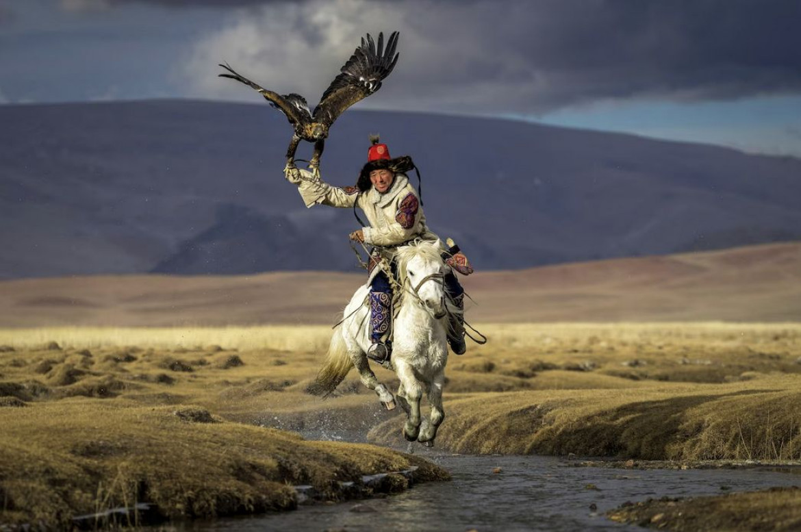 <b>Eric Esterle  / "Pictures of the Year" National Geographic</b></br></br>
Asiilbek, koczowniczy kazachski łowca orłów, przygotowuje swojego złotego orła, Burgeda, do polowania na łąkach Bayan-Ölgii, najbardziej wysuniętą na zachód prowincją Mongolii. Szkolenie orłów rozpoczyna się, gdy młode ptaki są zabierane z gniazd na klifach i uczone polowania na zające, lisy, a nawet jelenie. Tradycja ta sięga 3000 lat.  "Robiąc to zdjęcie leżałem na brzuchu" - mówi fotograf Eric Esterle. "Ziemia zatrzęsła się, gdy koń Asiilbeka przeszedł mniej niż kilka stóp ode mnie, ochlapując mnie lodowatą wodą”.
