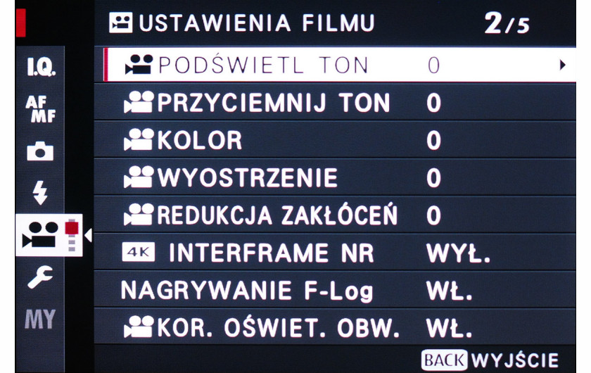 Menu ustawień filmowych modelu X-T3