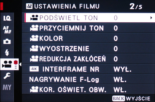 Menu ustawień filmowych modelu X-T3
