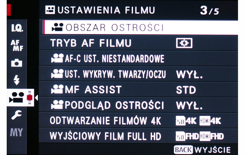 Menu ustawień filmowych modelu X-T3