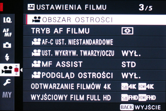 Menu ustawień filmowych modelu X-T3