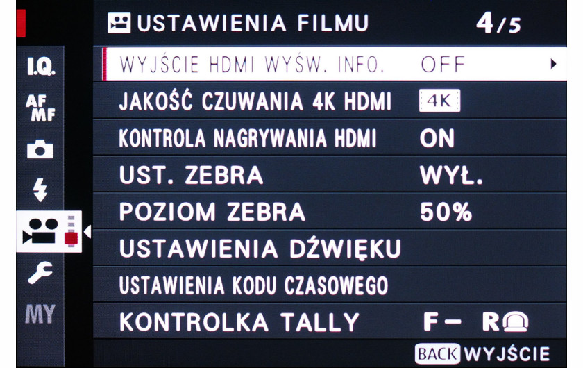 Menu ustawień filmowych modelu X-T3