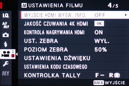 Menu ustawień filmowych modelu X-T3