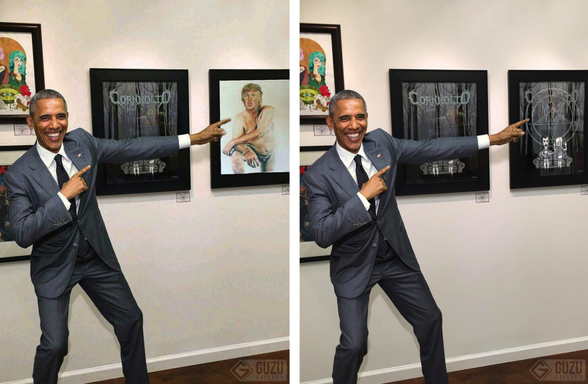 W obu przypadkach patrzymy na udany montaż. Obraz na który wskazuje prezydent Obama został wklejony w Photoshopie.