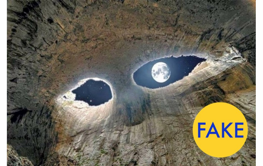 Na zdjęciu jest ukazana jaskinia z Oczami Boga - to jest prawdziwe. Fałszywy jest natomiast księżyc, który został wstawiony podczas postprodukcji fotografii.