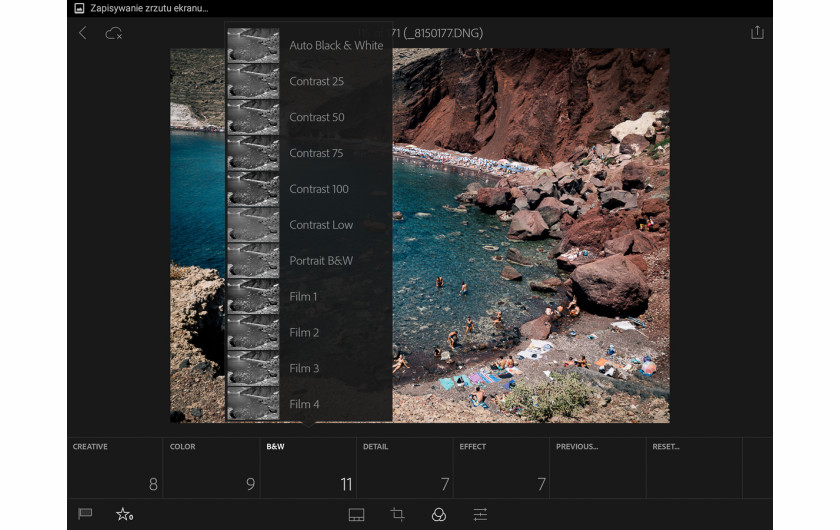 Adobe Lightroom Mobile - zakładka z efektami