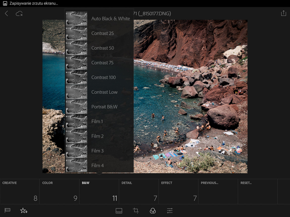 Adobe Lightroom Mobile - zakładka z efektami