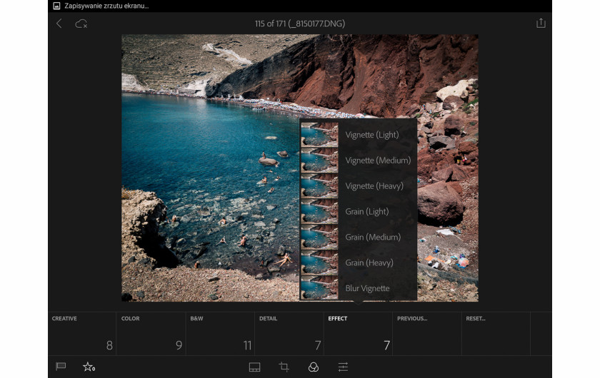 Adobe Lightroom Mobile - zakładka z efektami