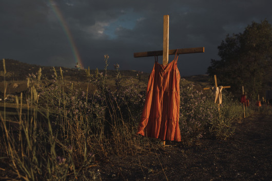 fot. Amber Bracken, Kamloops Residential School, nagroda WPP w okręgu północnoamerykańskimCzerwone sukienki zawieszone na krzyżach wzdłuż drogi upamiętniają dzieci, które zginęły w Kamloops Indian Residential School - instytucji utworzonej w celu asymilacji dzieci rdzennej ludności Kanady. Kamloops, Kolumbia Brytyjska, 19 czerwca 2021 r.Szkoły tego typu zaczęły działać w XIX wieku w ramach polityki przymusowej asymilacji ludzi z rdzennych społeczności do zachodniej kultury europejskich kolonistów i misjonarzy. Ponad 150 000 uczniów zostało siłą zabranych z domów, często zabraniano im komunikowania się we własnym języku i poddano fizycznym nadużyciom. Komisja Prawdy i Pojednania stwierdziła, że ​​w szkołach asymilacyjnych zginęło conajmniej 4100 uczniów. Szkoła Kamloops była największą placówką tego typu. W maju 2021 r. przy pomocy radaru zidentyfikowano aż 215 potencjalnych miejsc pochówku nieletnich w Kamloops.