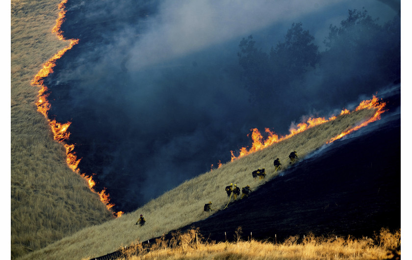fot. Noah Berger / Associated Press, Battling the Marsh Fire. 2. nagroda w kategorii Environment Strażacy walczą z pożarem Marsch Complex Fire nieopodal miasta Brentwood w Kaliforni, 3 sierpnia 2019 roku. Pożar rozpoczął się 3 sierpnia i pochłaniając w sumie 300 hektarów lądu. Pożary lasów są naturalnie występującym zjawiskiem w Kaliforni jednak z roku na rok rozpoczynają się one wcześniej. Naukowcy jako przyczynę podają ocieplenie klimatu. Prezydent Donal Trump stwierdził z kolei, że powodem jest złe gospodarowanie terenami leśnymi stanu Kalifornia.
