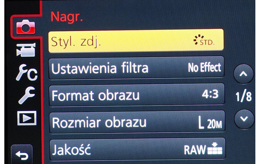 Standardowe menu apart Panasonic Lumix DMC-GX8