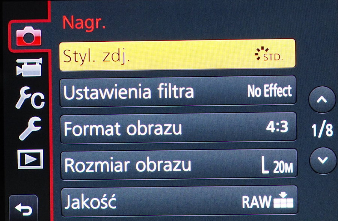 Standardowe menu apart Panasonic Lumix DMC-GX8