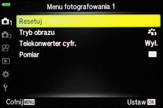 Menu aparatu Olympus OM-D E-M10 Mark III