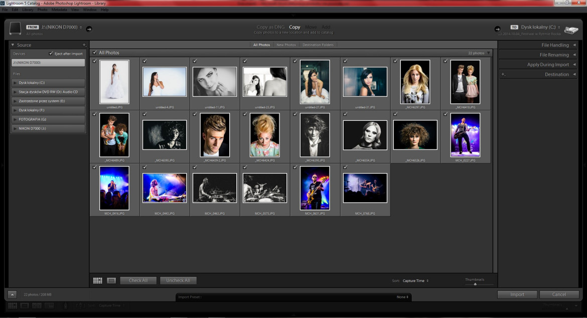 główny panel importu zdjęć programu Adobe Lightroom 5.0