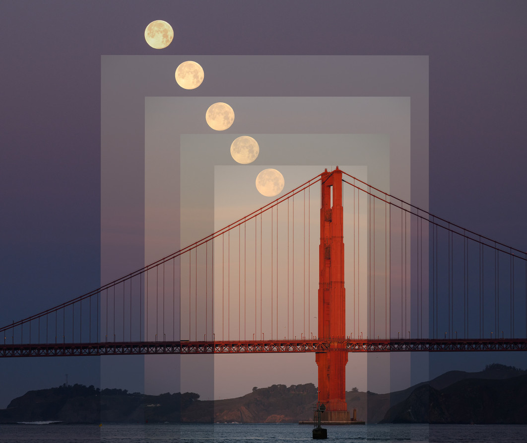 Fot. Fredric Walder, "Fifteen Minutes of Moonset and Sunrise Over the Golden Gate", nominacja w kat. People &amp; Space / 