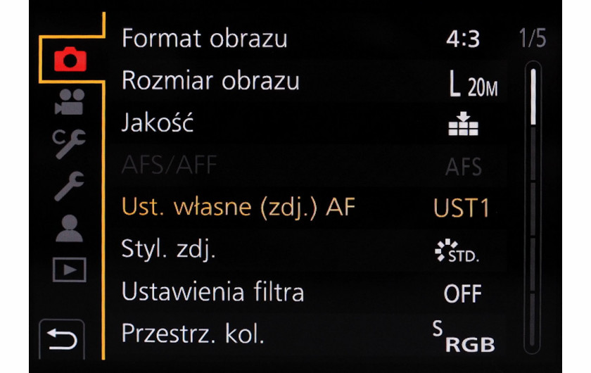 Menu główne aparatu Panasonic Lumix G9