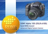 Alpha 100 - debiut Sony na rynku cyfrowych lustrzanek uhonorowany złotym medalem DIWA