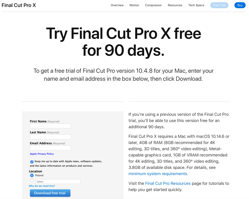 Final Cut Pro X - opis promocji na wersję próbną