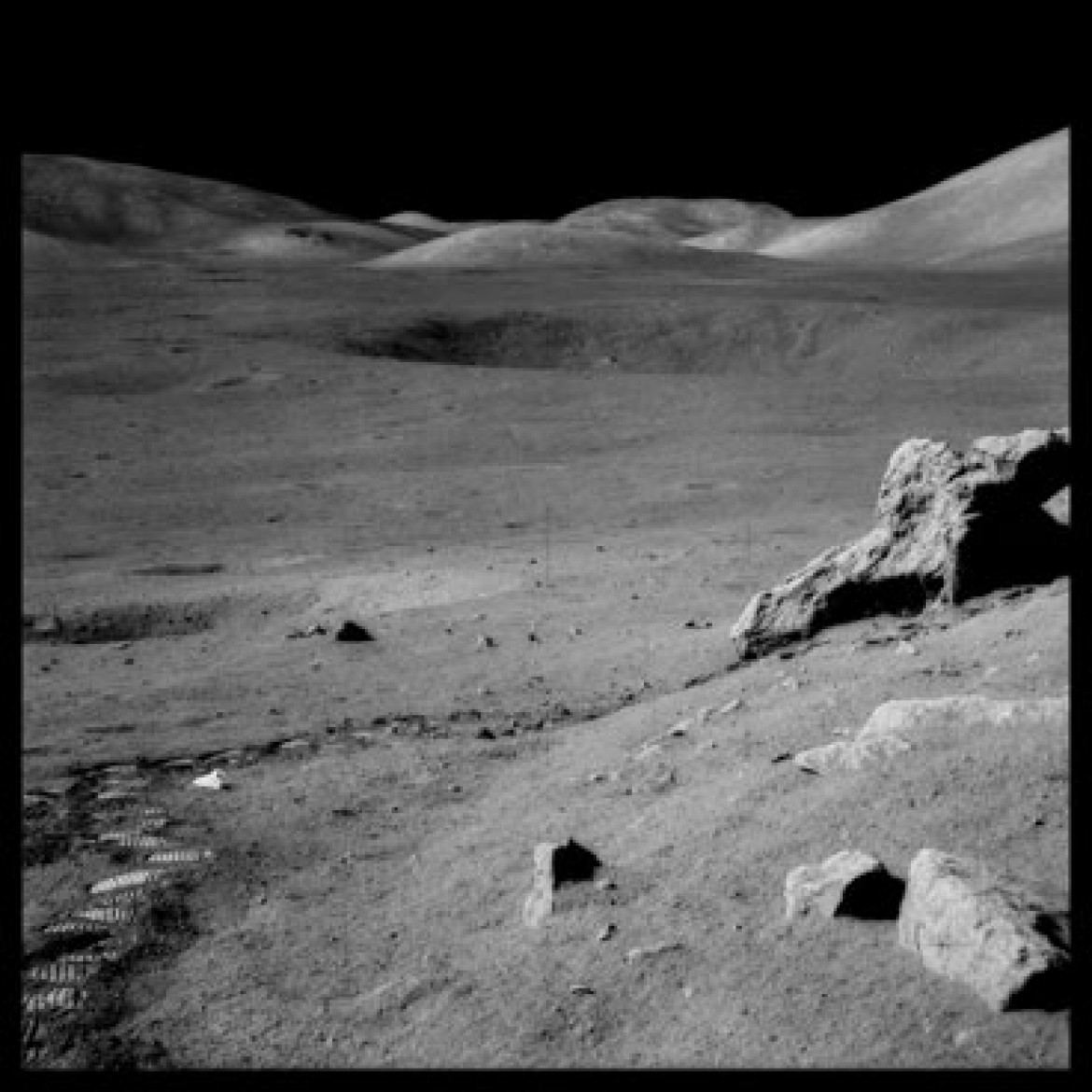 (c) 1999 Michael Light, The Valley of Taurus-Littrow From Split Rock, With Trash and Footprints;  Photographed by Harrison Schmitt, Apollo 17, December 7-19, 1972 Digital c-print; signed, titled, dated, editioned; 24.5"x24.5"; edition 50 Negative NASA; di