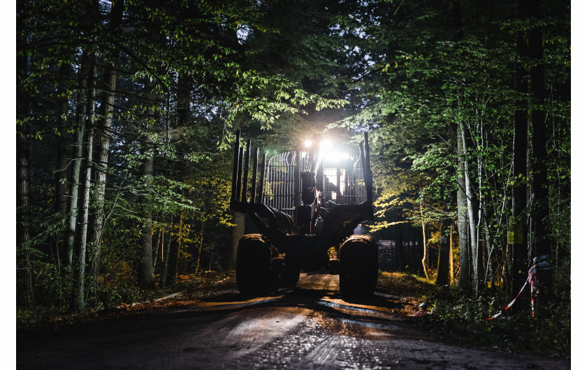 Krystian Maj - Białowieża, 25.09.2017 Ciężkie maszyny do wycinki drzew wyruszają o zmroku do Puszczy. Pracując na nocne zmiany są dużo cięższe do namierzenia przez ekologów.