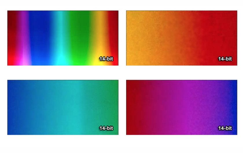 Różnica w przejściach między kolorami. Po lewej u góry cały gradient w 14 bitach. Niedoświetlony o 2 EV, skorygowny w postprodukcji, aby uwydatnić różnice. Pozostałe ujęcia to fragmenty powiększone o 300%. żródło: earthboundlight.com 
