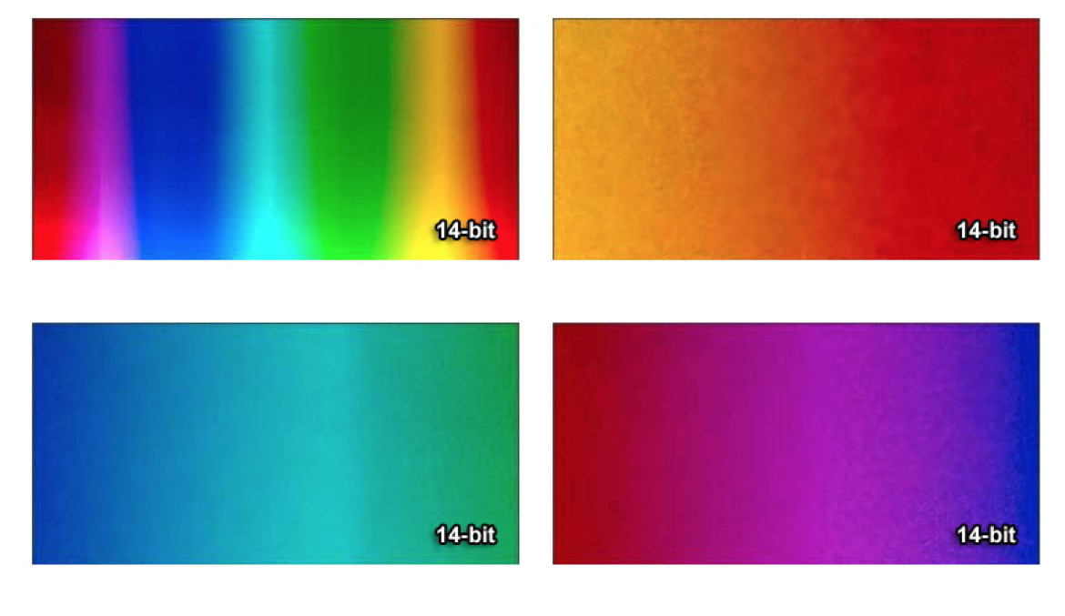 Różnica w przejściach między kolorami. Po lewej u góry cały gradient w 14 bitach. Niedoświetlony o 2 EV, skorygowny w postprodukcji, aby uwydatnić różnice. Pozostałe ujęcia to fragmenty powiększone o 300%. żródło: earthboundlight.com 