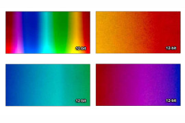 Różnica w przejściach między kolorami. Po lewej u góry cały gradient w 12 bitach. Niedoświetlony o 2 EV, skorygowny w postprodukcji, aby uwydatnić różnice. Pozostałe ujęcia to fragmenty powiększone o 300%. żródło: earthboundlight.com 