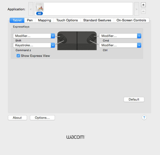 Menu personalizacji przycisków funkcyjnych tabletu Wacom Intuos