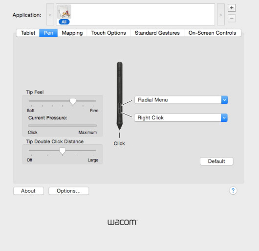 Menu personalizacji rysika tabletu Wacom Intuos