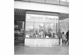 Gablota reklamowa z choinką i reklamami płyt winylowych. Widoczny szyld "IBUSZ - Hungarian Travel Agency" i "MALEW - Hungarian Airlines", Warszawa, 1976-82 / Narodowe Archiwum Cyfrowe