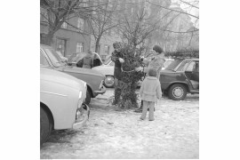 Mężczyzna i kobieta obwiązują sznurkiem choinkę. Widoczne samochody Fiat 125p i Syrena. W tle kamienice przy ul. Polnej 50 i 48, Warszawa, 1976 / Narodowe Archiwum Cyfrowe