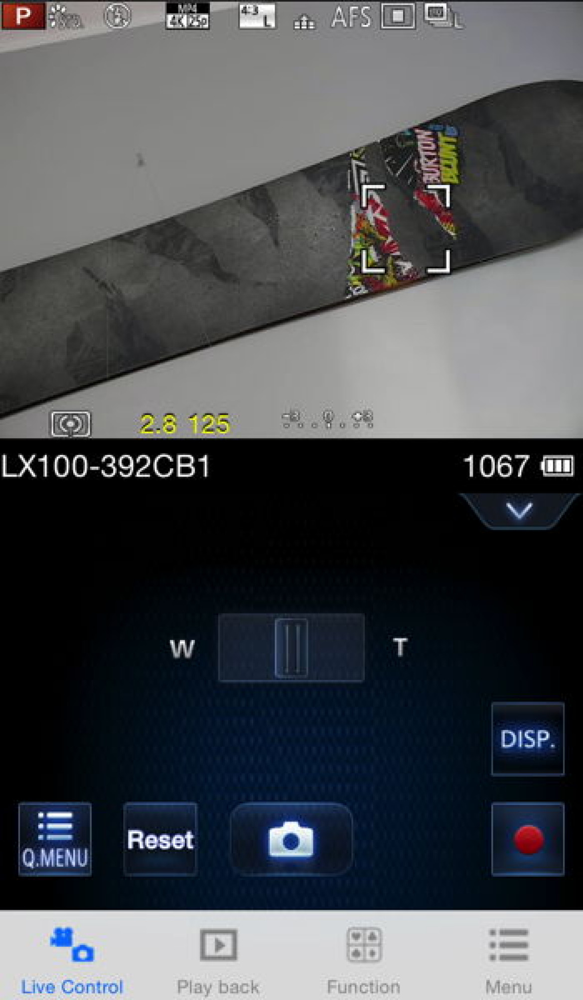 LX100 - aplikacja na smartfona, podgląd obrazu