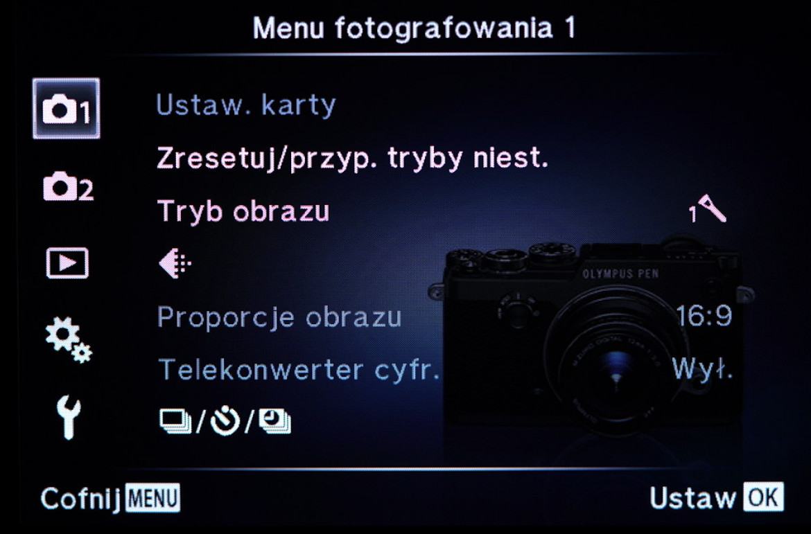 Standardowe menu aparatu Olympus Pen-F