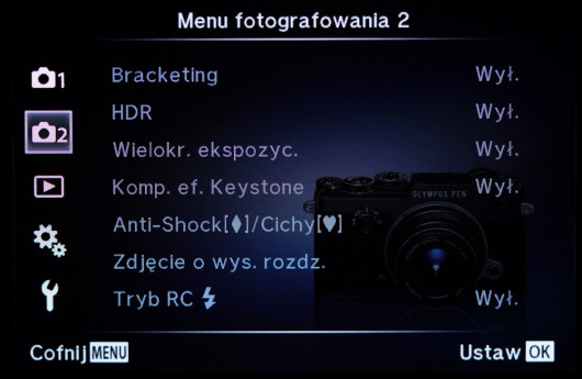 Standardowe menu aparatu Olympus Pen-F