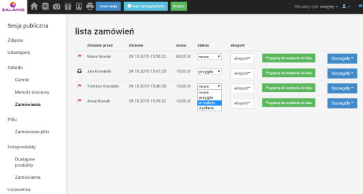 Podgląd listy zamówień dla sesji publicznej